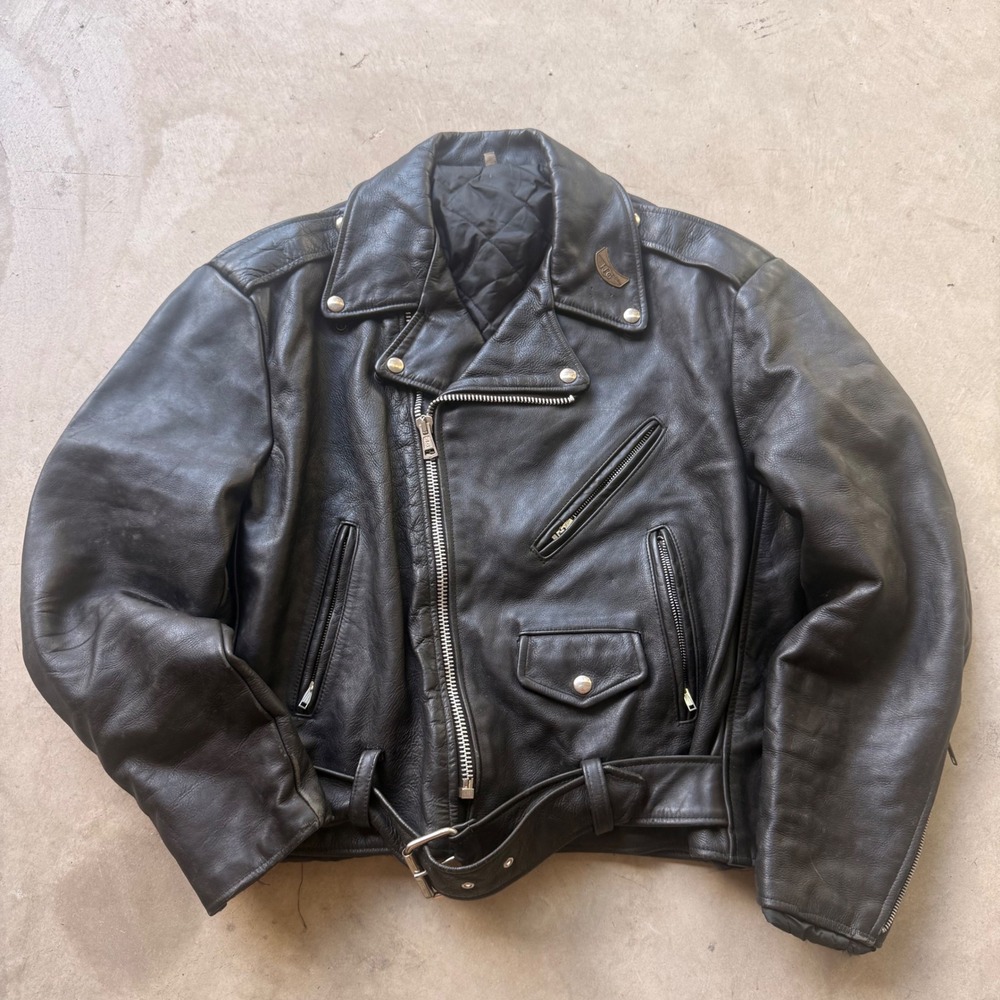Vintage Black Leather Motorcycle Jacket EMAR Zipper Biker Moto Belted Mens L